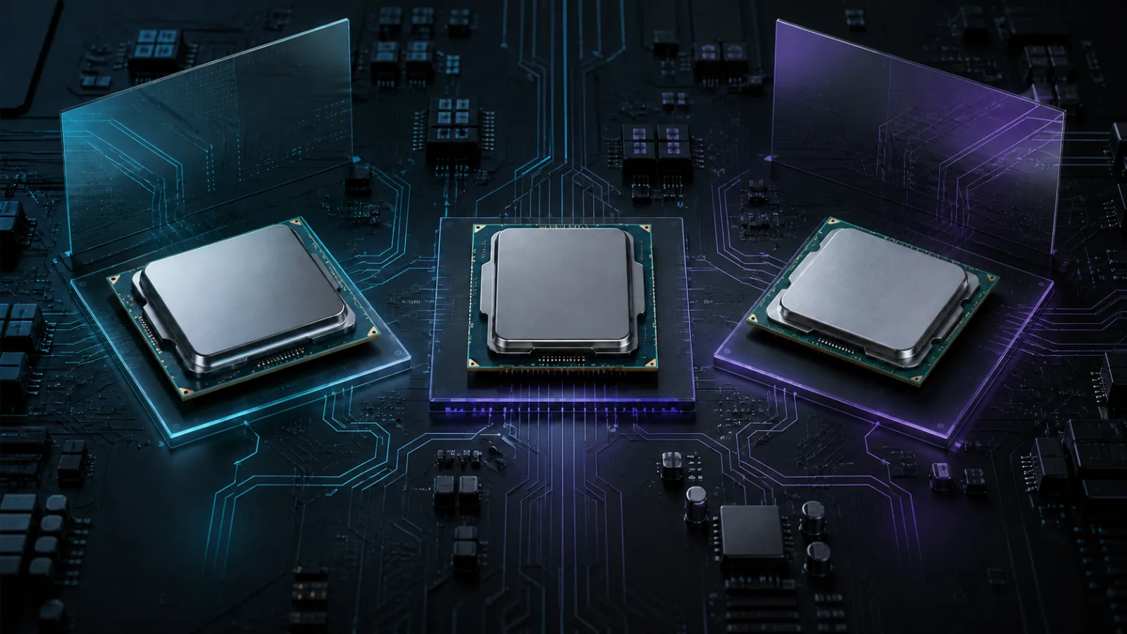 Three generic desktop processors on a dark circuit board for a platform comparison guide