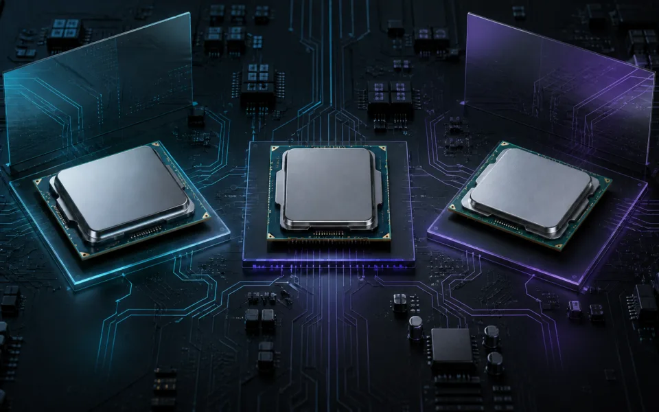 Three generic desktop processors on a dark circuit board for a platform comparison guide