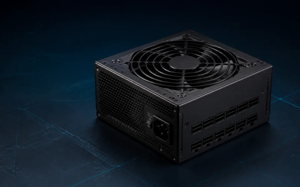 Black modular 750W power supply in a technical test environment