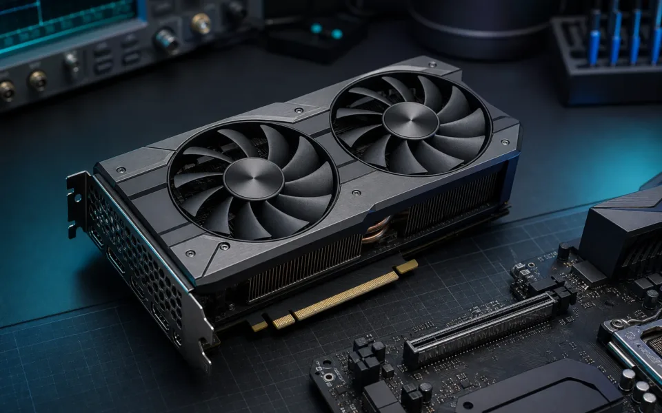 Unbranded dual-fan graphics card on a hardware lab bench
