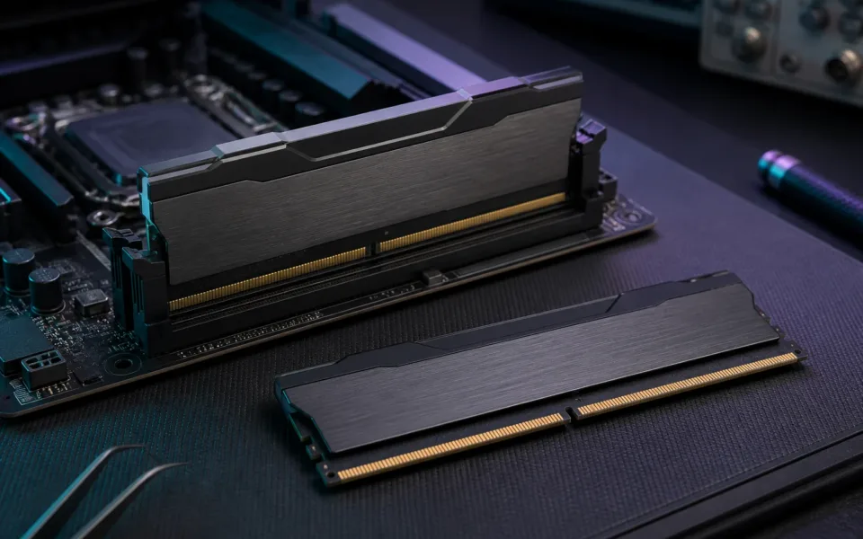 Unbranded DDR5 memory modules on a hardware lab bench