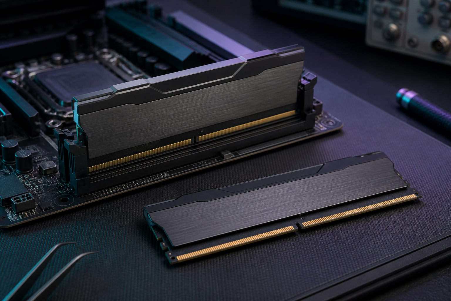 وحدات ذاكرة DDR5 بلا علامة تجارية على طاولة مختبر عتاد