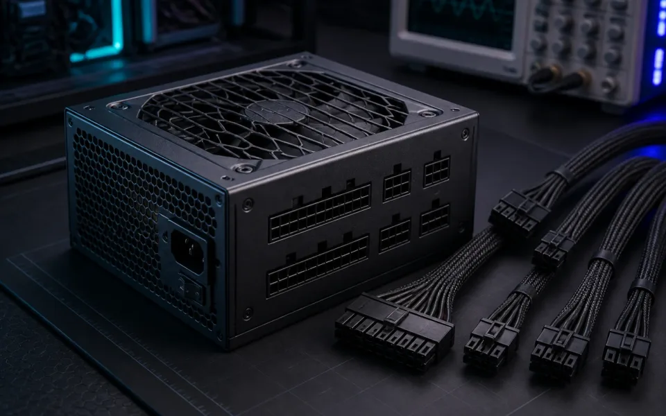 Fully modular ATX power supply and cables on a hardware lab bench