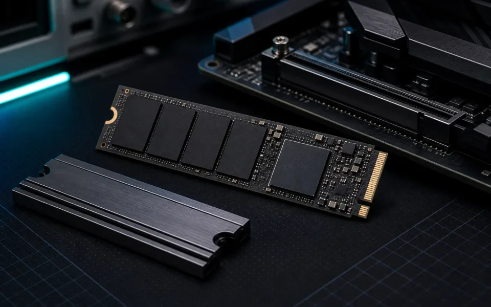 M.2 NVMe SSD and heatsink on a hardware lab bench