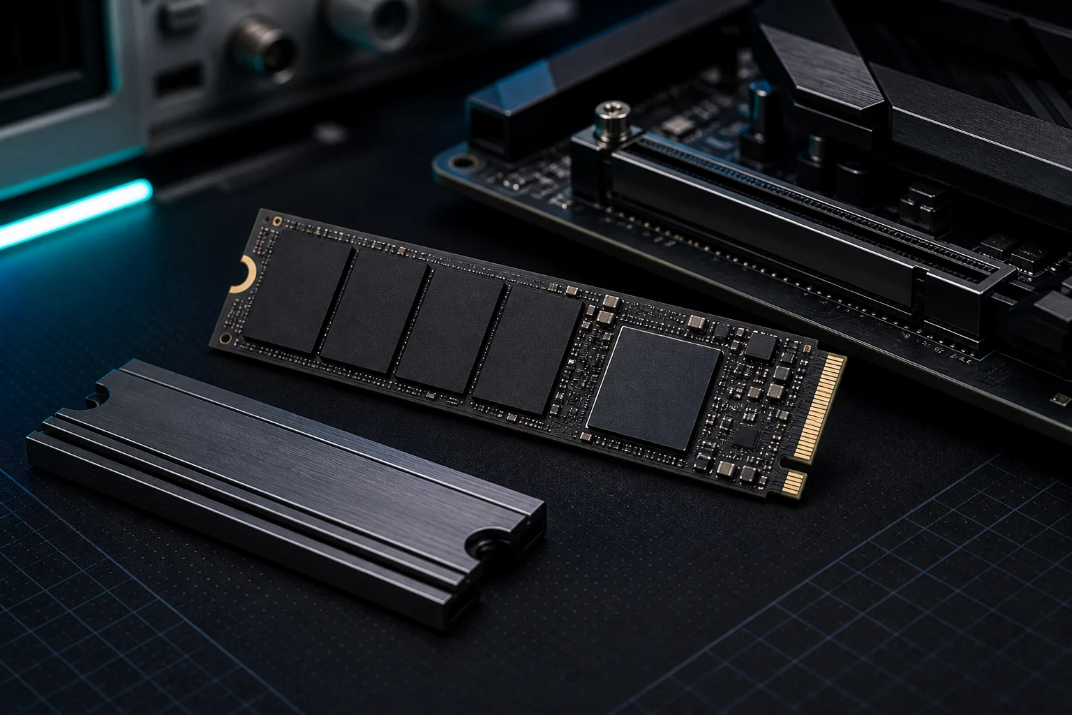 M.2 NVMe SSD and heatsink on a hardware lab bench