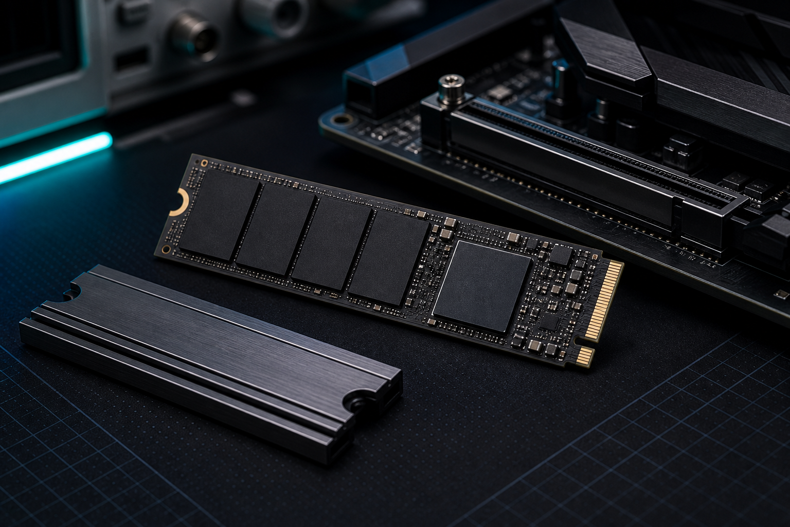 وحدة M.2 NVMe ومشتت حراري على طاولة مختبر عتاد
