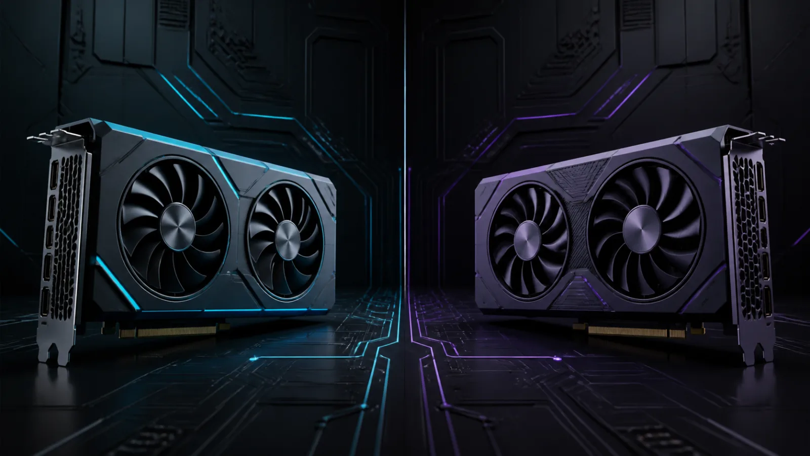 Two generic graphics cards in a cyan and violet editorial comparison illustration