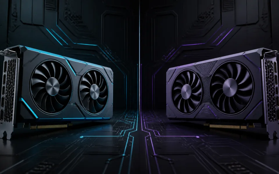 Two generic graphics cards in a cyan and violet editorial comparison illustration