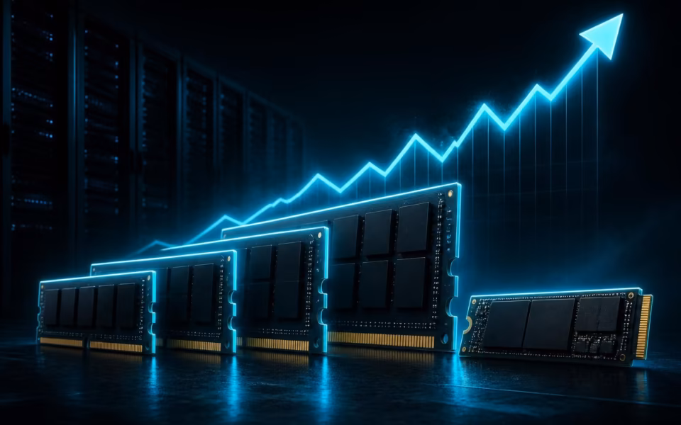 رسم توضيحي لشرائح ذاكرة RAM وقرص SSD مع سهم صاعد يرمز إلى ارتفاع أسعار الذاكرة بسبب الطلب على مراكز البيانات