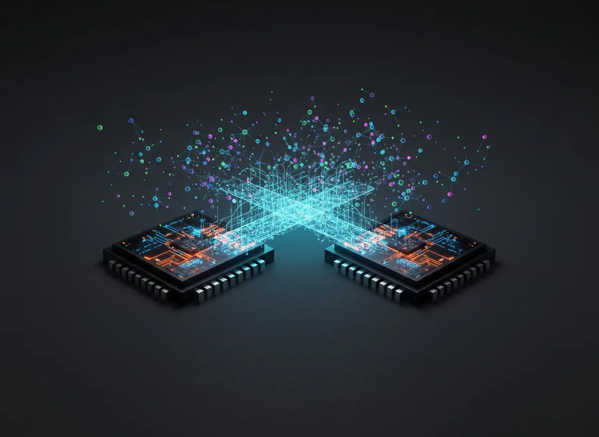رسم توضيحي لمعالجين متصلين بجسر برمجي مشترك يرمز إلى تعاون AMD وIntel في PyTorch