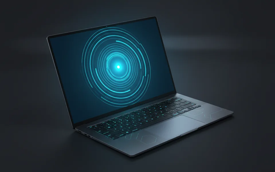 رسم توضيحي لابتوب بشاشة OLED تظهر عليها موجات لمس متوهجة