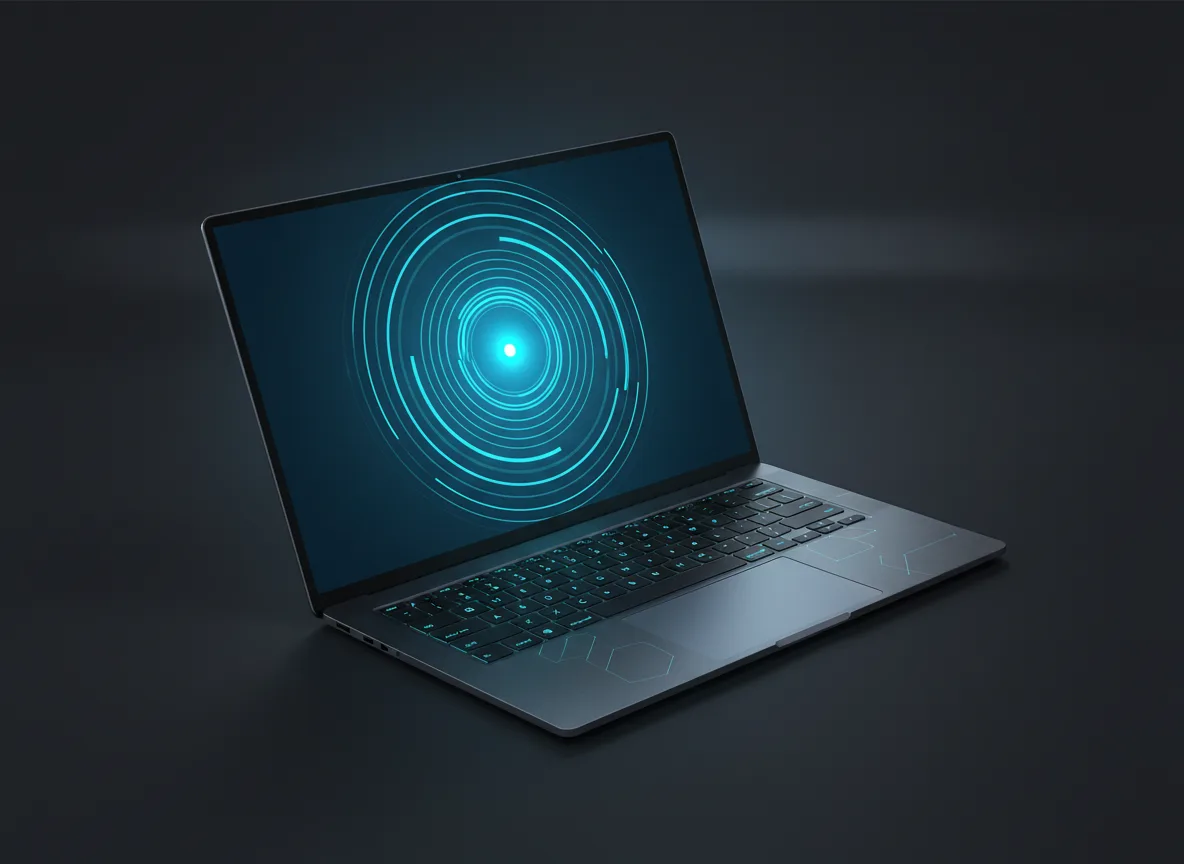 رسم توضيحي لابتوب بشاشة OLED تظهر عليها موجات لمس متوهجة