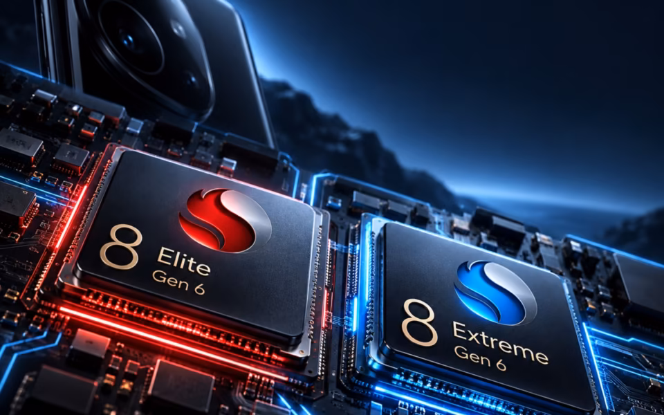 رسم توضيحي لهاتف وشريحتين بتسميتي Snapdragon 8 Elite Gen 6 و8 Extreme Gen 6؛ ليس صورة رسمية للمنتجات.